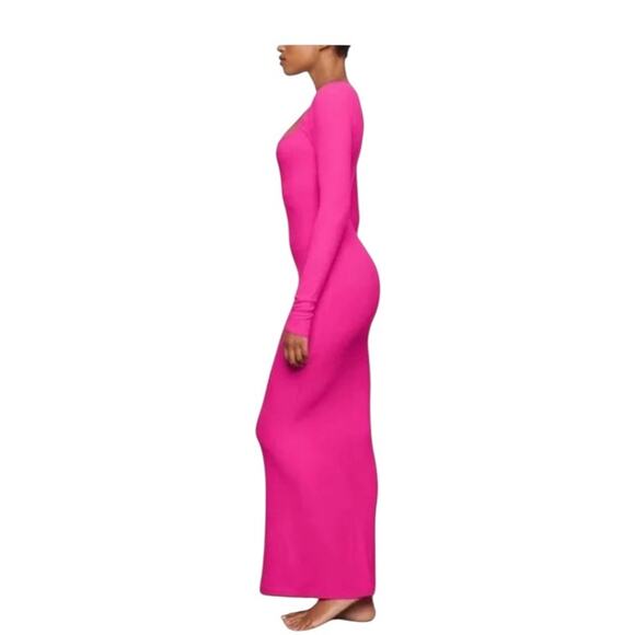 NWT Skims Hot Pink Soft Lounge Long Sleeve Square Neck Mermaid Maxi Dress XL - Picture 3 of 11